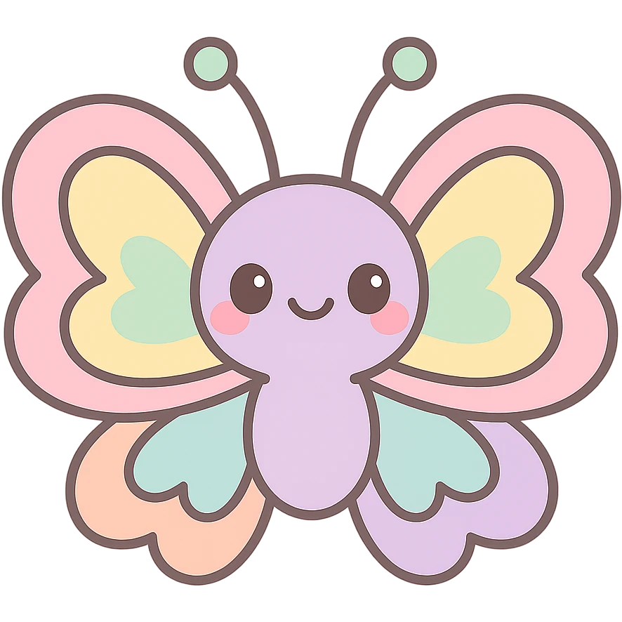 kawaii butterfly with heart-shaped wings, blushing cheeks, pastel rainbow colors, smiling expression emoji
