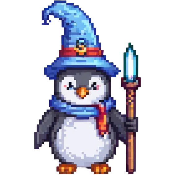 penguin wizard, pixel art style, small and cute, with a wand emoji
