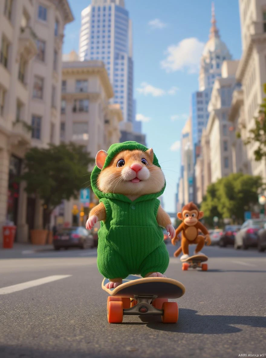 Disney style Cinematic still scane, Low angle shot, hamster dress in green outfit, monkey ride on skateboard, san francisno downtown with city lanscape, blue clean sky, captured by ARRI Alexa XT, soft cinematic lightning, back light, inspired by ToyStory 4 emoji
