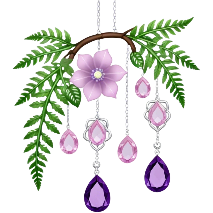 Hanging suncatcher, threads with shiny sparkly amethyst and rose-quartz gemstones, white-Cecilia-flowers, fern-leaves  emoji