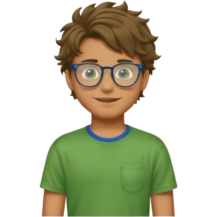 A teenage boy, tanned with glasses, wearing a green t-shirt , blue jeans and green sneakers with brown wavy tousled hair, smirking, wearing a green face mask emoji