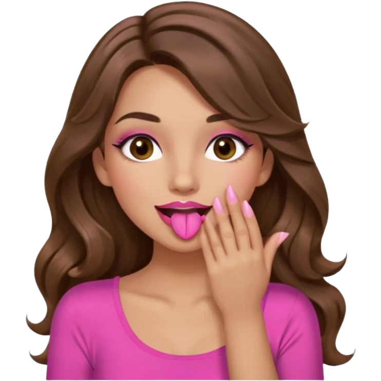 girl with long wavy brown hair, brown eyes, long lashes makeup, sexy pink lips, light to medium complexion, wearing a pink sexy top, sexy, giggling hand covering mouth emoji