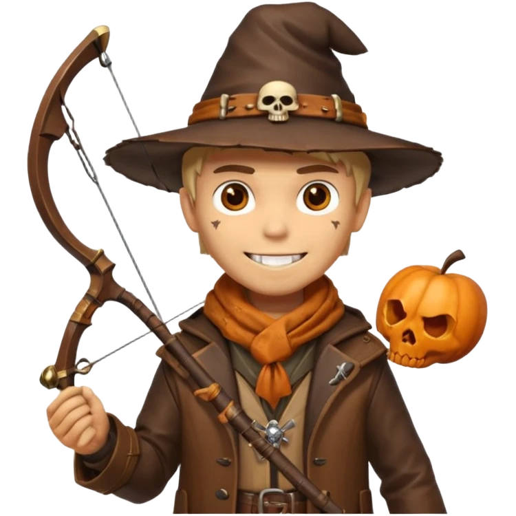 male human monster hunter emoji, wearing brown leather coat and wide hat, holding crossbow, with amulet shaped like skull, Halloween fantasy theme, confident smile, orange scarf, Apple emoji style, clean white background, square image emoji