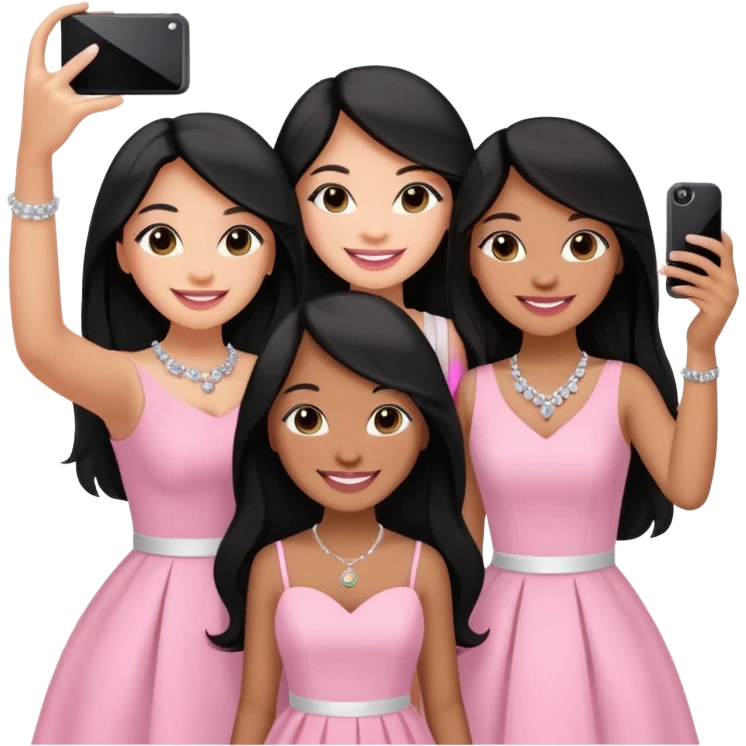 Just 3 besties with professional glammed up looks wearing pink and white, all medium skin tone smiling big with black long hair. Very girly wearing jewelry, taking a selfie  emoji