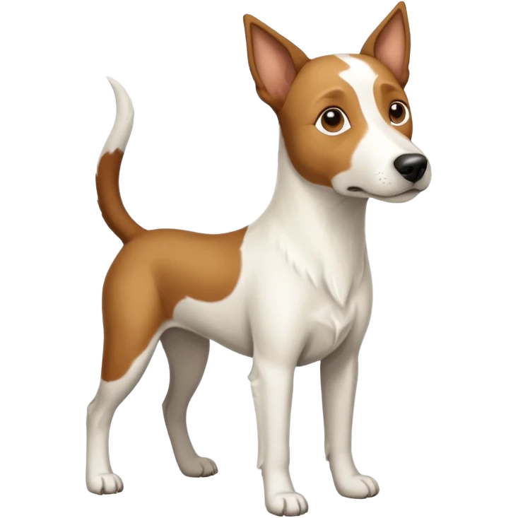 a full body large white parson russell looking dog the size of a kelpie with light brown ears and a light brown patch on one eye and a large snout emoji