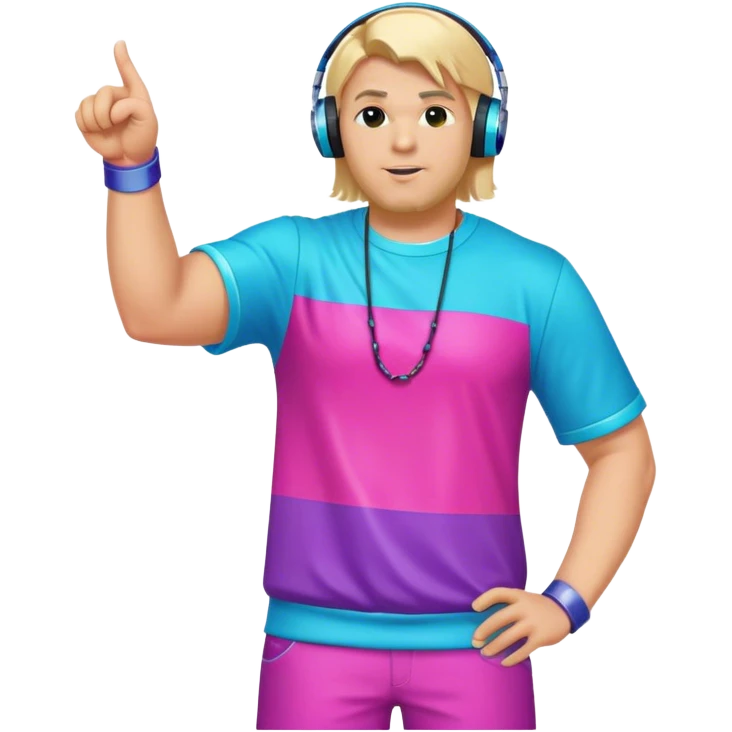blond big man in colorful dj outfit pointing sideways emoji