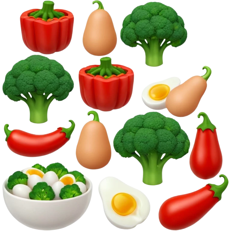 3D food emoji, glossy, smooth shapes, premium style,
broccoli, red bell pepper, rice bowl, chicken breast,
boiled eggs, vitamins bottle,
light warm background
 emoji
