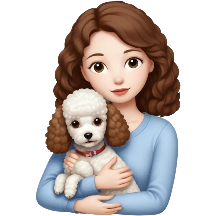 Beautiful woman with pale skin and brown hair hugging a white poodle dog emoji