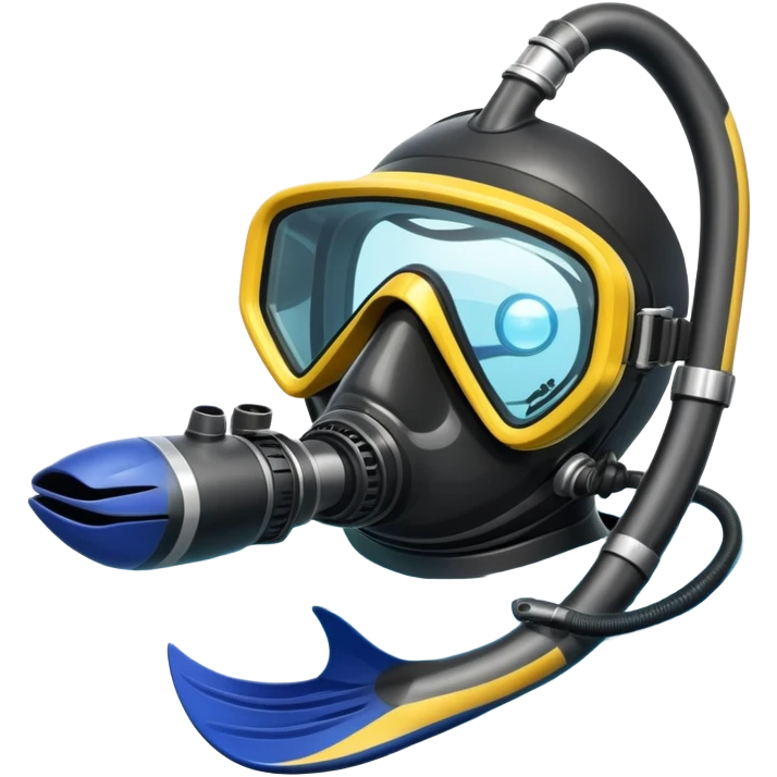 An icon featuring a close-up of a scuba mask, snorkel, and diving fins, with bubbles rising from the gear. The design includes a wetsuit and underwater light rays filtering through the water. Transparent background highlights the essence of diving and underwater exploration. emoji