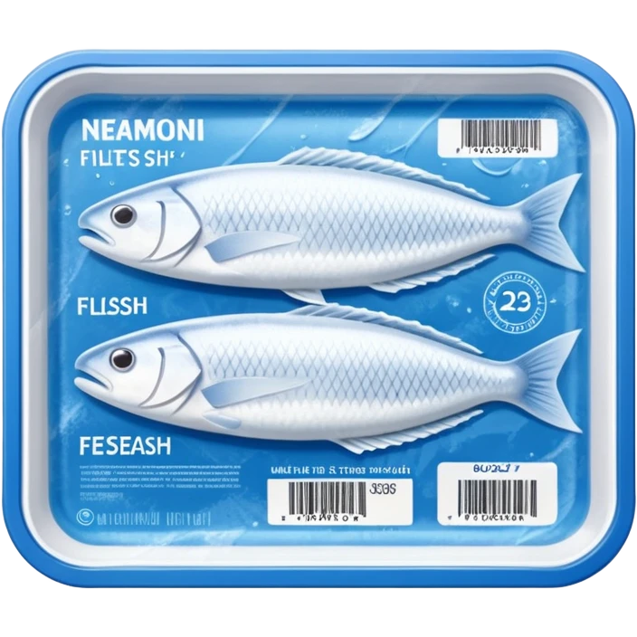 A clear vacuum-sealed plastic tray containing neatly arranged white fish fillets, covered with a thin layer of frost. The package has a blue and white label with product details and barcode. Set in a supermarket freezer shelf among other seafood packs, realistic lighting and texture. emoji