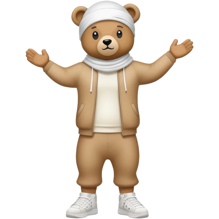 Full-length cartoon bear with white durag, standing on two legs, wearing trendy high-top sneakers, emoji style emoji