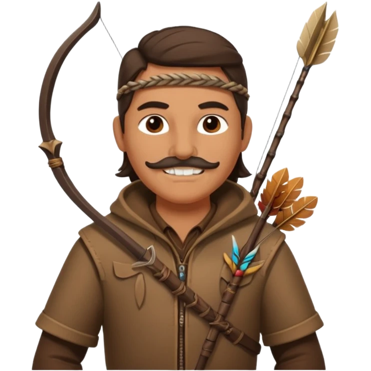 A classic middle-aged hunter with a bow and arrow on his back, dressed in brown clothes and decorated with feathers or bone teeth emoji