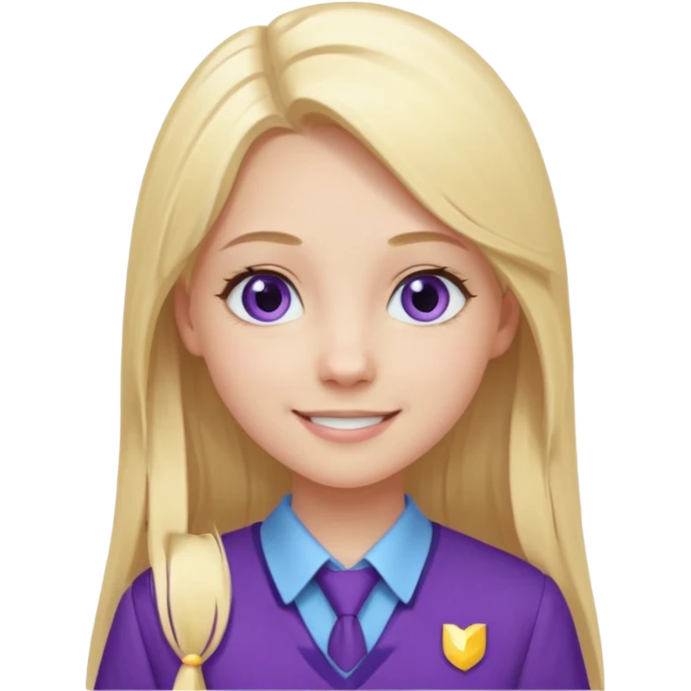 A pale girl with light blue eyes and long and blonde straight hair , smiling wearing a purple school uniform  emoji