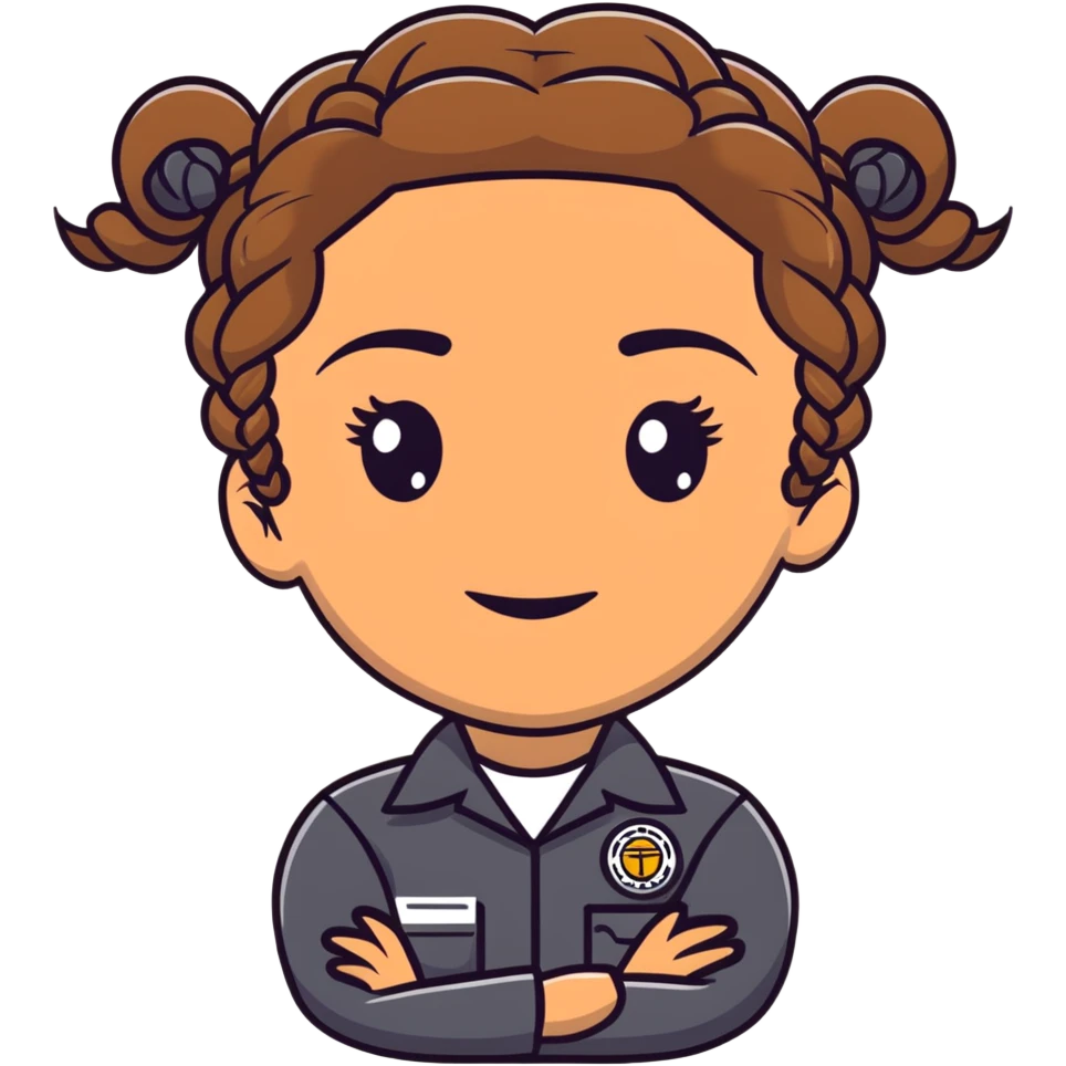 A 40-year-old Latina woman car mechanic with light brown skin, wearing black mechanic uniform, with two braids pulled back from her head emoji