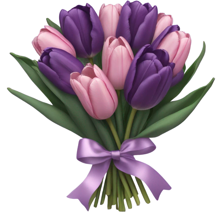 beautiful aesthetic bouquet composed of dark purple and light pink tulips tied with a silk purple ribbon emoji