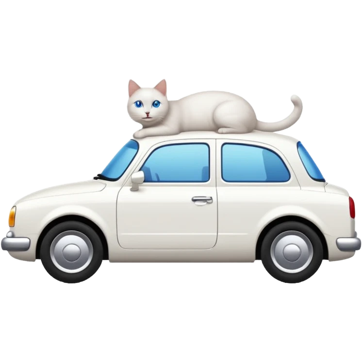 Please create a small emoji the size of 🚗 featuring a pure white cat with short tail with blue eyes on a white saloon car viewed from side. Again it is necessary that the emoji must be extremely small, much smaller than a standard sized sticker. emoji