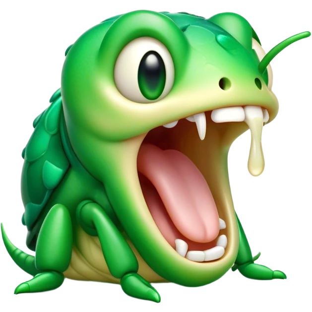 Cinematic Cute Yawning Green Bugdie Portrait Emoji, Head tilted slightly with a dramatic, wide-open yawn, showcasing a smooth, vibrant emerald exoskeleton with delicate patterns and tiny drooping antennae, round multifaceted eyes barely open in drowsy contentment, Simplified yet irresistibly adorable features, highly detailed, glowing with a soft, cozy glow, high shine, relaxed yet expressive, stylized with a touch of whimsy, bright and endearing, soft glowing outline, capturing the essence of a sleepy yet endearing insect, so drowsy it feels like it could stretch out of the screen and curl up for a nap! emoji