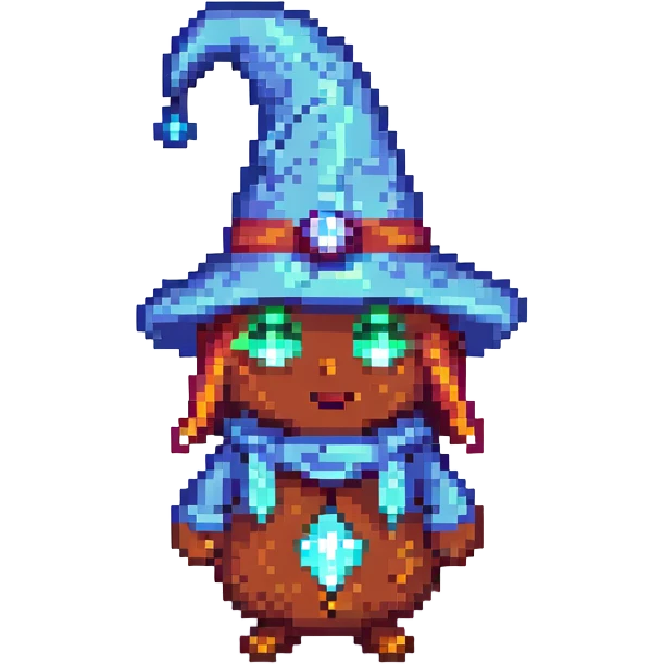 Add a magical glowing aura around the wizard bean with a pointy hat in pixel art style with no background. emoji