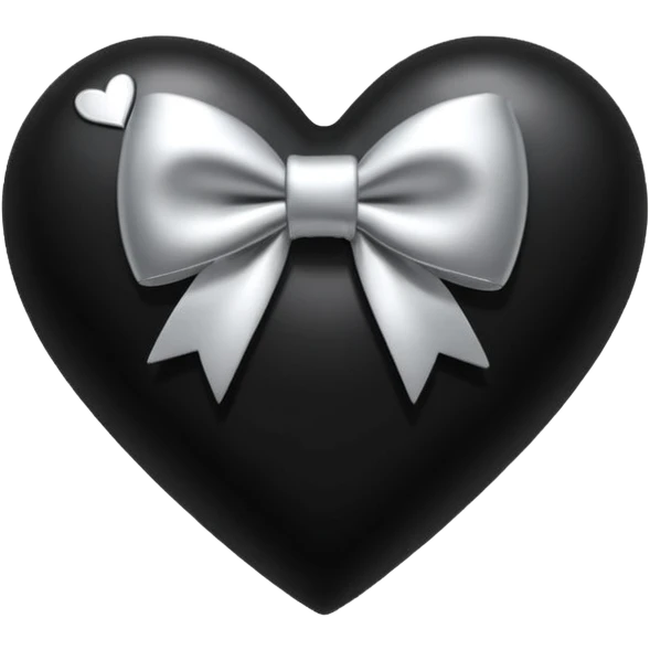 glossy plush black heart with a silver bow and heart pattern on the bow emoji
