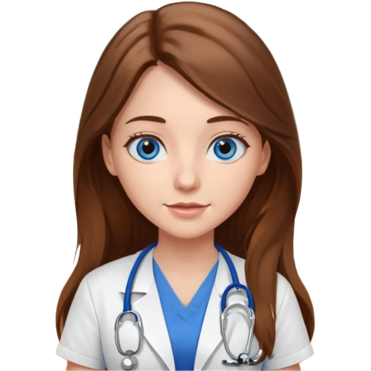 inside a classroom at university, a pretty female nursing student with long brown hair, blue eyes emoji