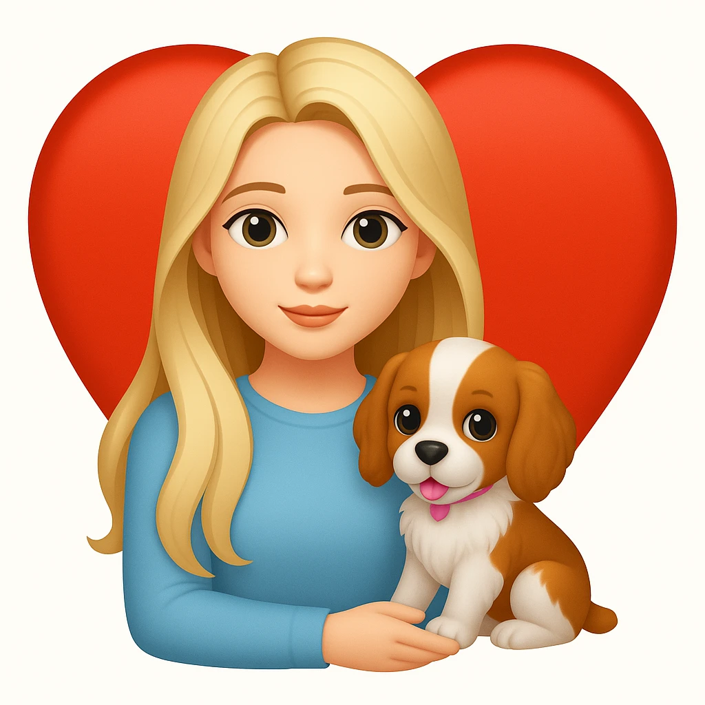 Add a heart background behind the girly girl with long hair and a puppy sitting beside her in the style of emoji (apple style emojis). Keep the emoji style look and feel. emoji