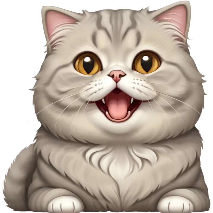 Cinematic-Adorable-Scottish-Fold-Cat-Portrait-Emoji – Big-eyed, fluffy Scottish Fold cat with a playful head tilt and a cute yawn, soft solid grey fur, tiny folded ears giving it an irresistibly sweet expression, simplified yet charmingly cute features, round amber eyes full of curiosity, highly detailed with a gentle glow. emoji