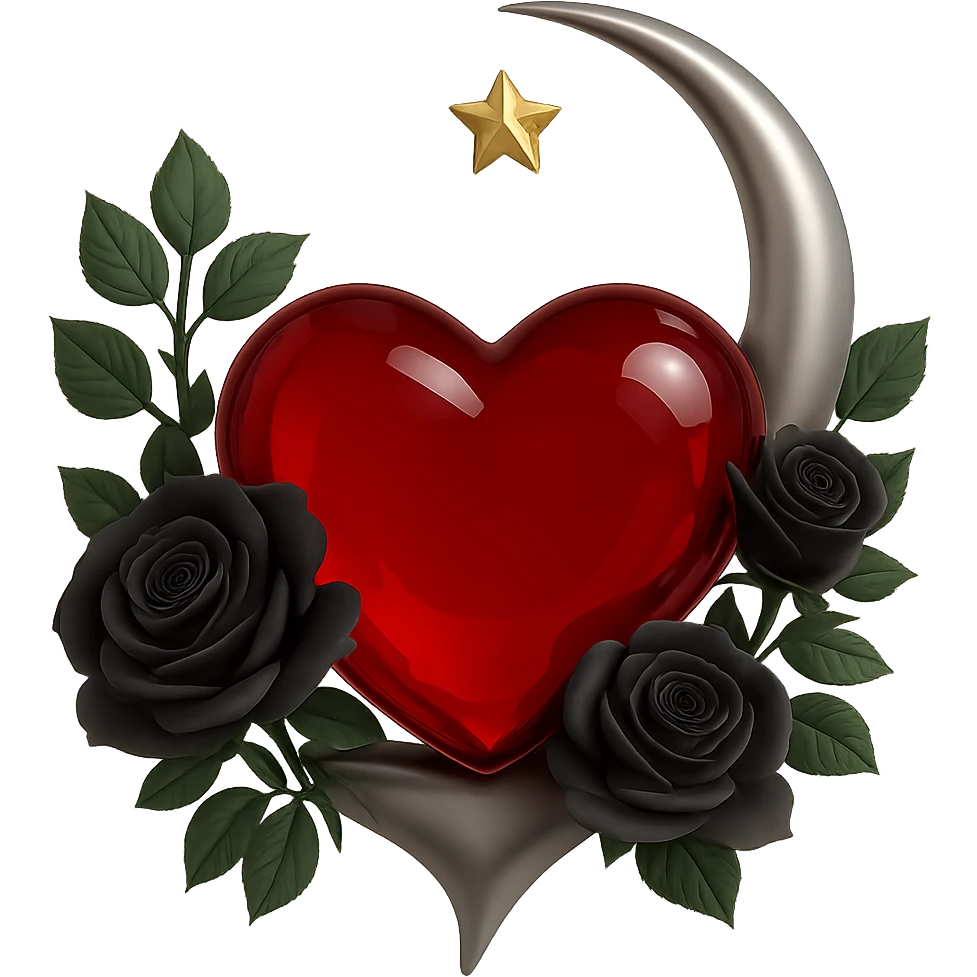 Change the heart to red glass, keep the silver crescent moon and black roses embellishing the heart, rich and elegant style. The original style is 3D emoji style but it does not support editing, so use a general style editor to achieve a 3D emoji look with no background. emoji
