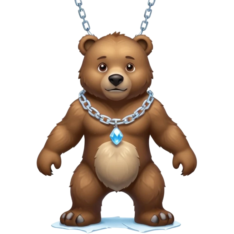 Fierce brown bear walking on four paws with an ice chain necklace, frozen chain links made of crystal clear ice, serious face emoji