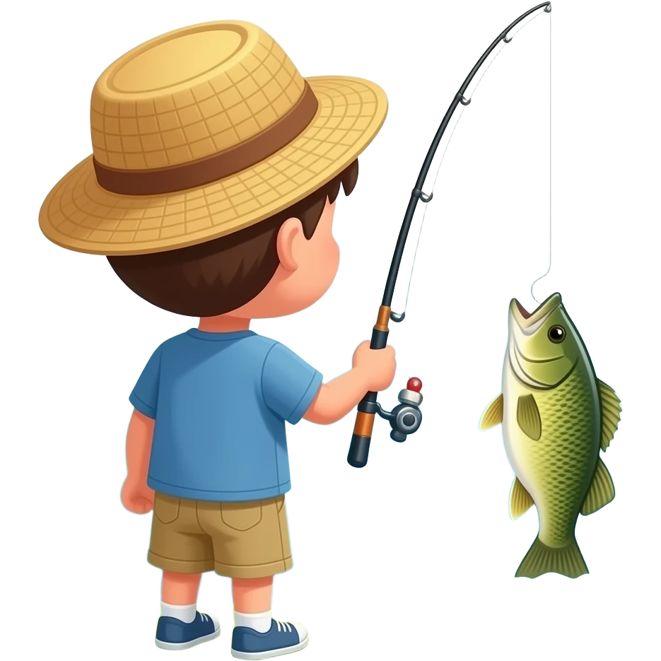 a kid facing the other way hooked into a big bass in the water emoji