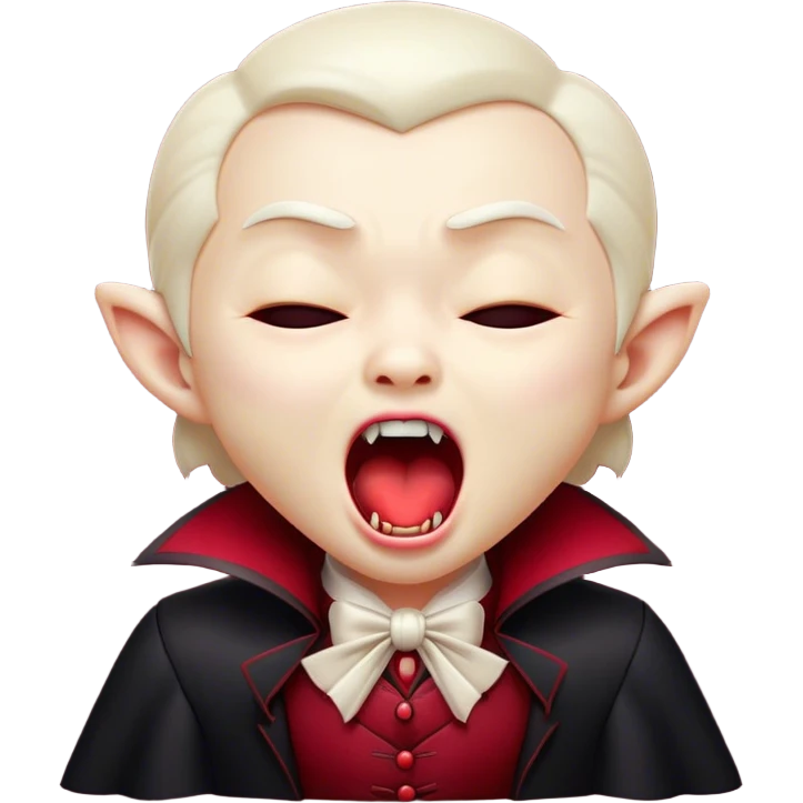 Cinematic Cute Yawning Vampire Portrait Emoji, with a small, rounded, charming pale face accented with tiny playful fangs and droopy, half-closed eyes, head tilted in an adorable wide yawn, dressed in miniature elegant dark attire with a hint of crimson, simplified yet irresistibly endearing, highly detailed with a soft, mysterious glow and gentle outline that captures the cute, drowsy side of an immortal! emoji