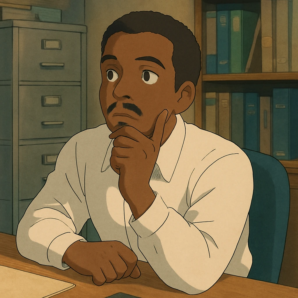 Black office employee, white shirt, thinking emoji