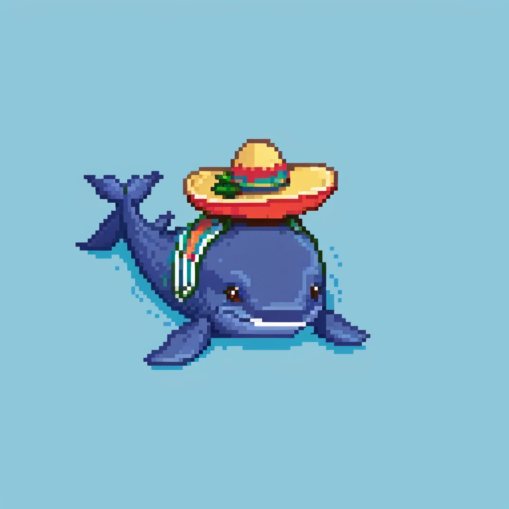 A blue whale with a colorful sombrero hat on its head, swimming in water emoji