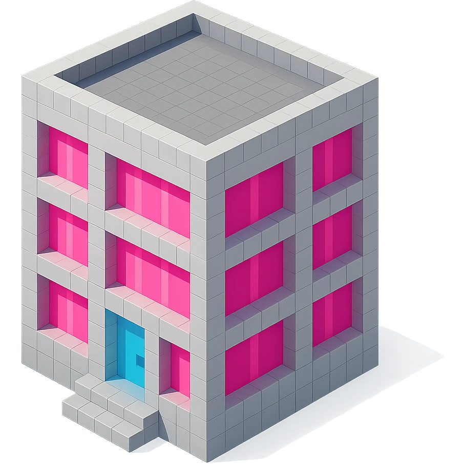 Russian panel apartment building, square block, light gray, large pink windows, isometric view emoji
