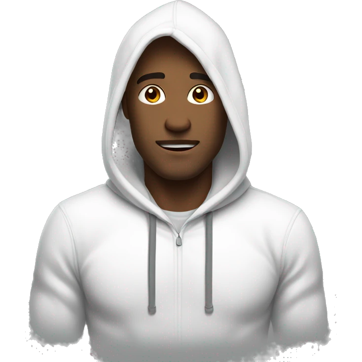 An emoji of a handsome man wearing a white hoodie, standing confidently with a friendly and relaxed expression emoji