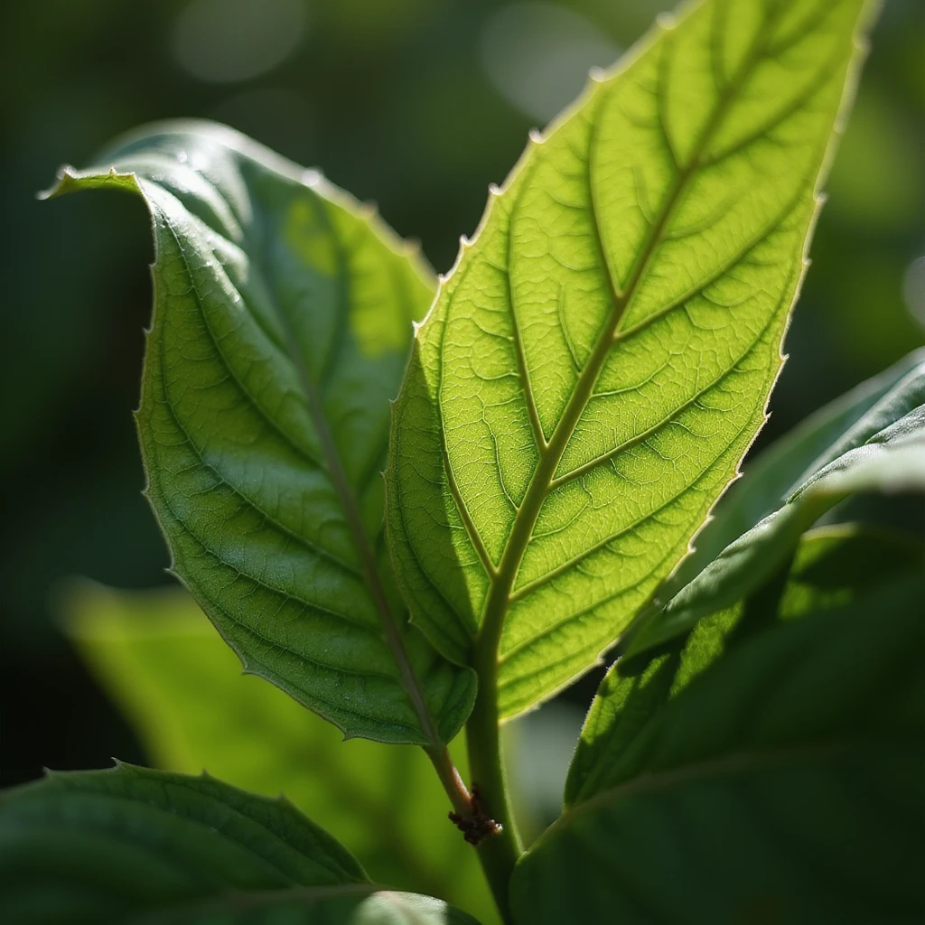 highly realistic detailed close-up of a green leaf with visible veins, sunlight shining on it, showing fine textures and natural details, no background, transparent background emoji