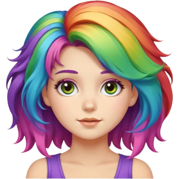 Young woman, fluffy voluminous hair in rainbow colors emoji