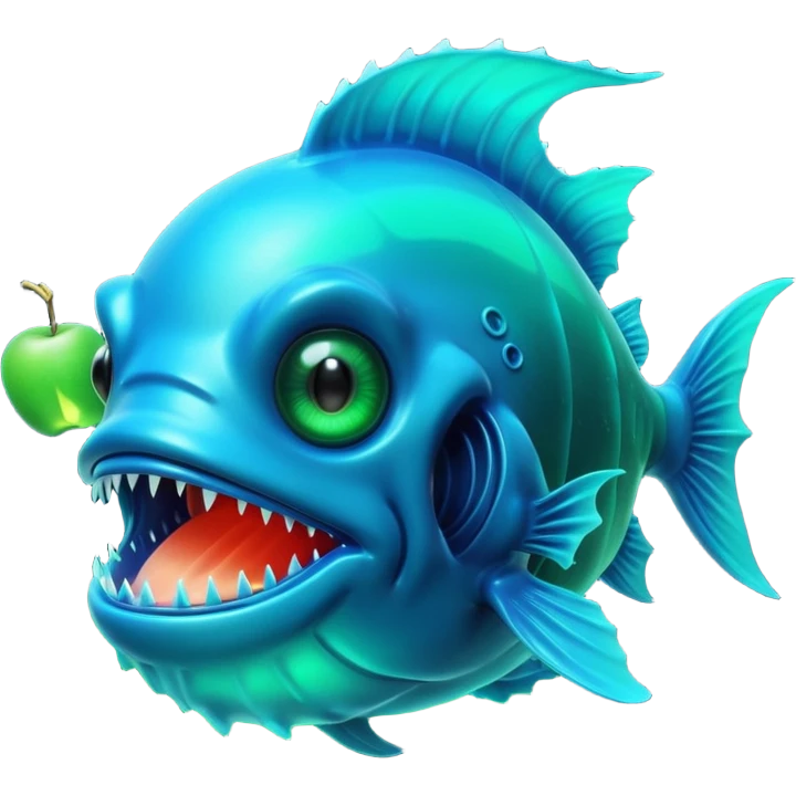 3D render of Anglerfish, bioluminescent deep sea style, glowing neon blue and green lights, dark background to contrast the glow, translucent organic textures, Apple emoji style. emoji