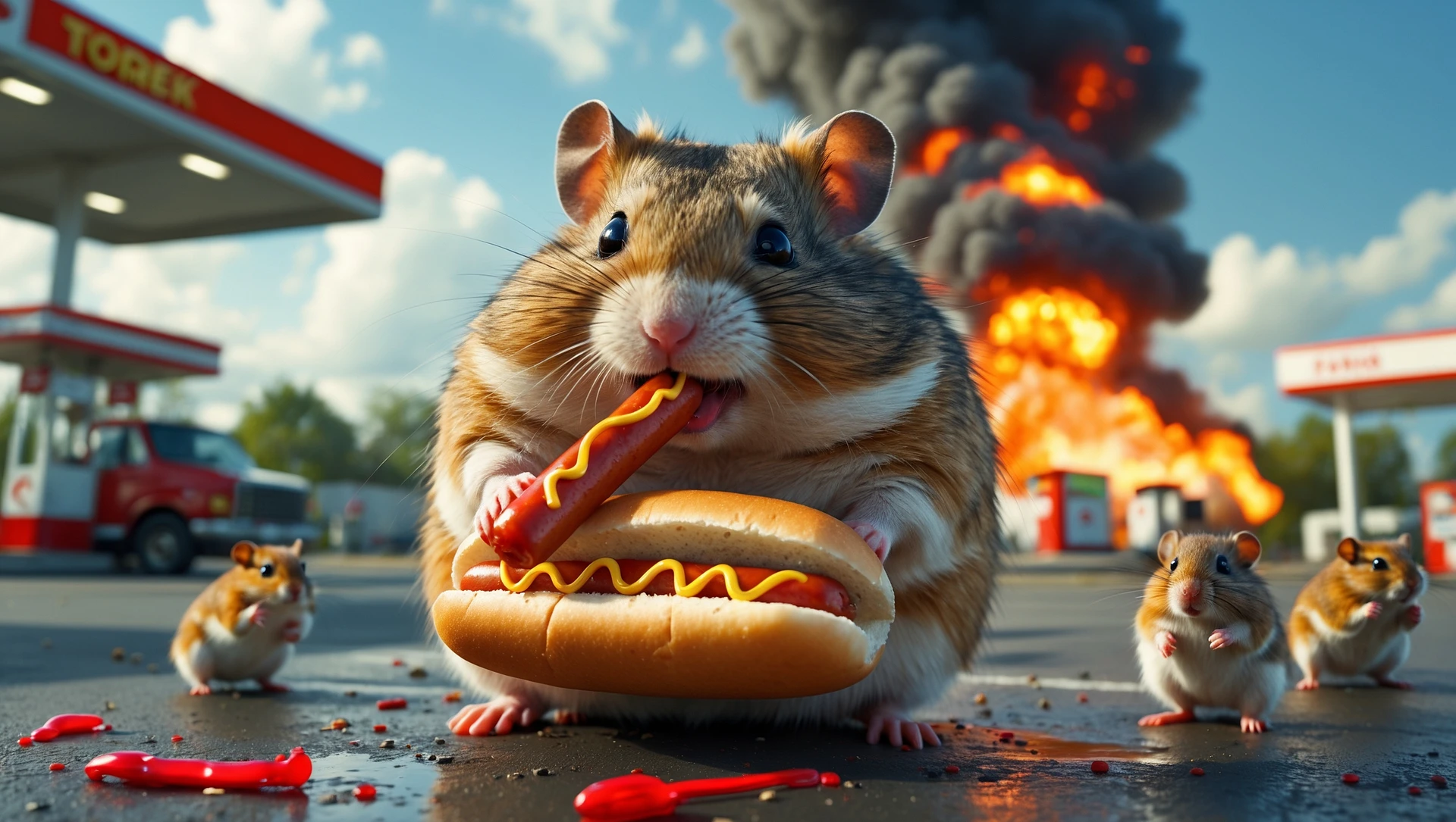 Cinematic still of A portrait of a fat hamster eating hotdog on gas station, gas station is in fire, other hamster fun away, sunny day, back light explosion , gas station named "Tosiek" (Realistic) emoji