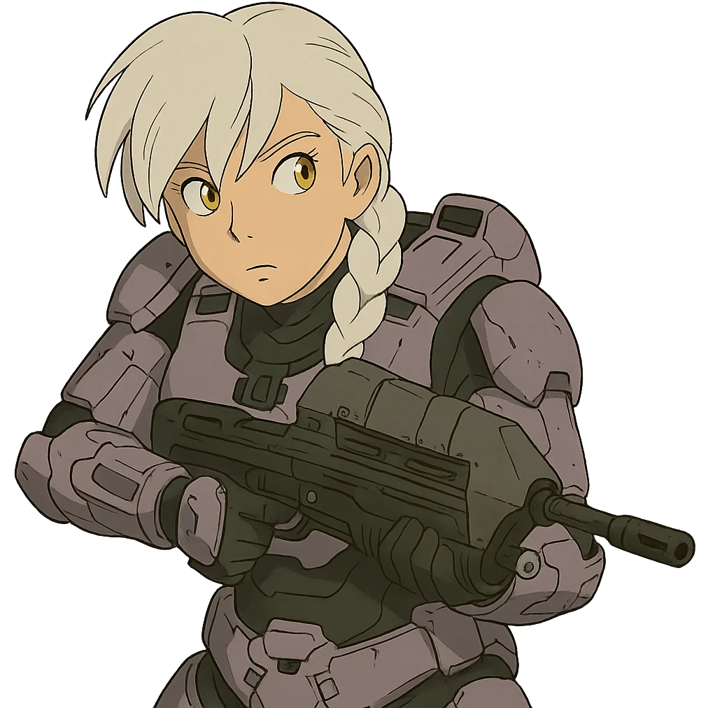 female, wearing reach spartan armor shoulder-unequip, long white braid hair with massive messy front side single bangs, gold yellow eyes, attention pose, HALO:series, no helmet, the armor is lavender color scheme, shoulder pad off. DDD bust size fitting. , peeking around a corner while aiming a classic HALO1 AR, tactical, lean emoji
