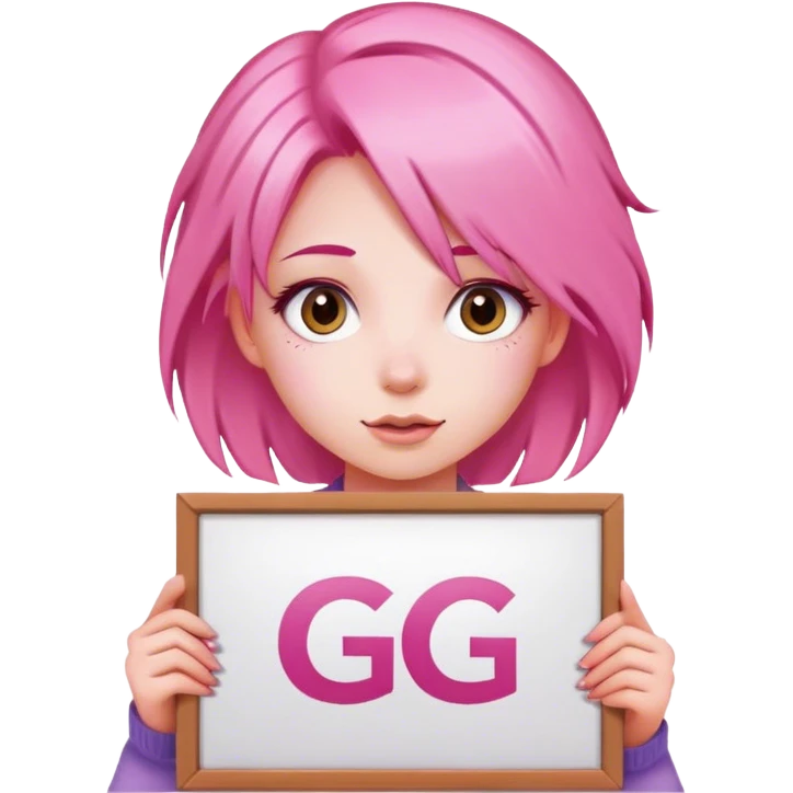 girl with pink hair, big sign, sign says "GG" emoji