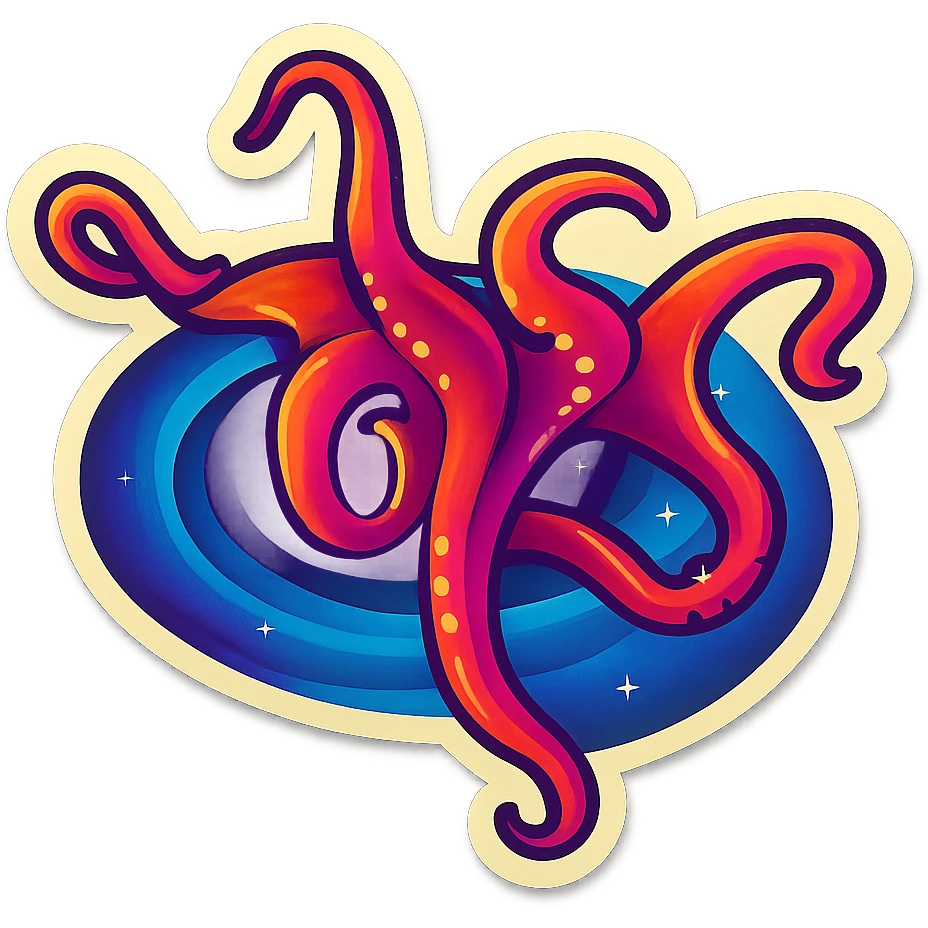 Edit the image to depict tentacles coming out of a black hole in a retro sticker style with vibrant colors and a dynamic composition. The image should have no background (transparent). emoji