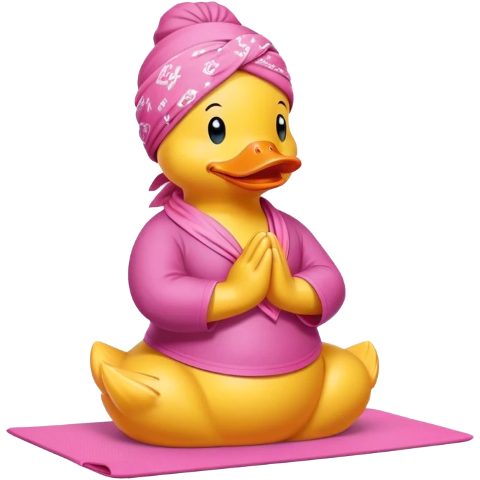 side view of yellow rubber duck with a pink bandana doing yoga while praying emoji
