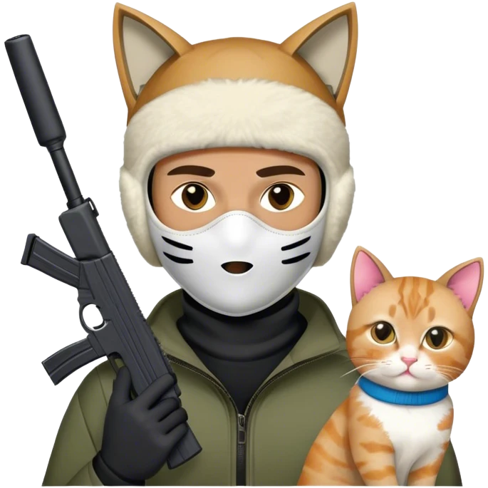 A man wearing a ski mask holding a Glock 19 in the ski mask has cat ears, and a cat ski mask emoji
