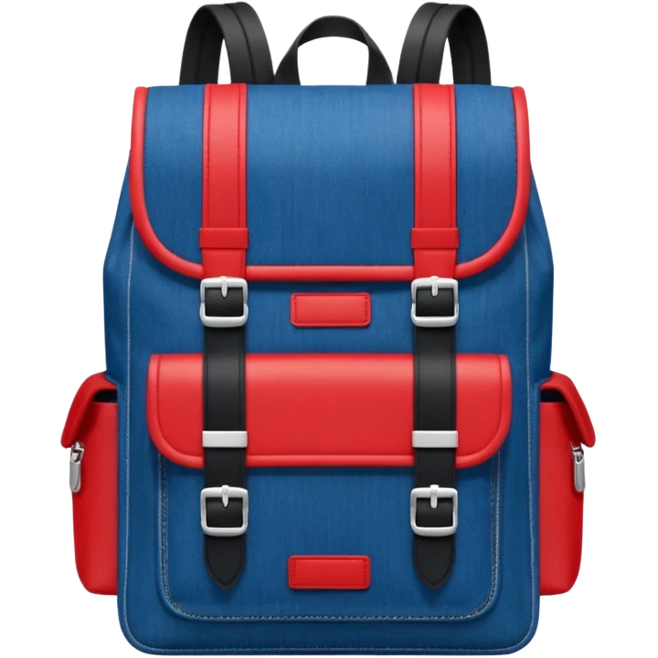 Minimalist emoji-style icon of a stylish blue denim backpack with a flap top, two vertical black buckle straps, a large red-white-navy horizontal block in the center, and two zipper side pockets. Inspired by Tommy Jeans design. Front view, cartoon-like, clean design.

 emoji