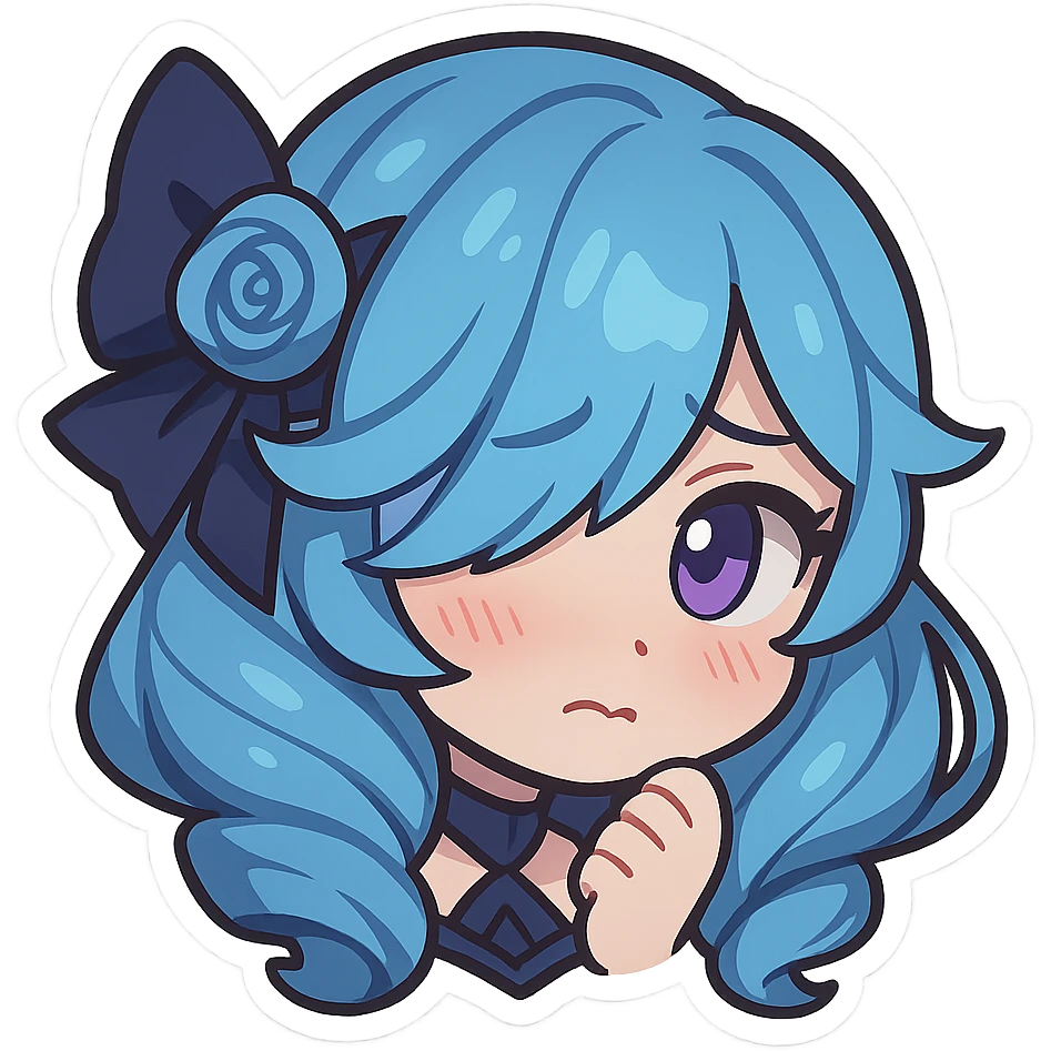 Gwen from League of Legends, chibi emote style, only head visible, right eye purple, shy expression, hair slightly covering face, cute and expressive emoji