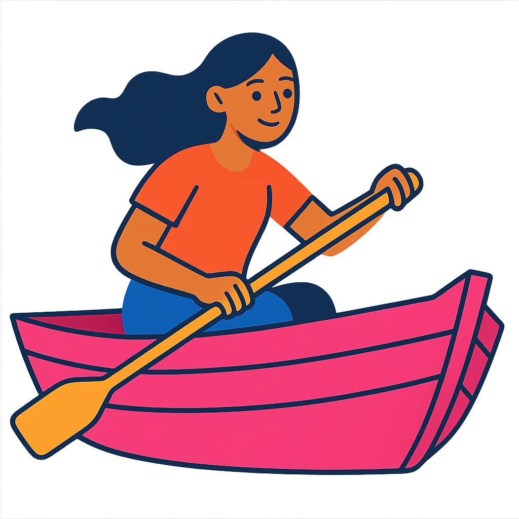 woman rowing a pink boat in vibrant toon style emoji