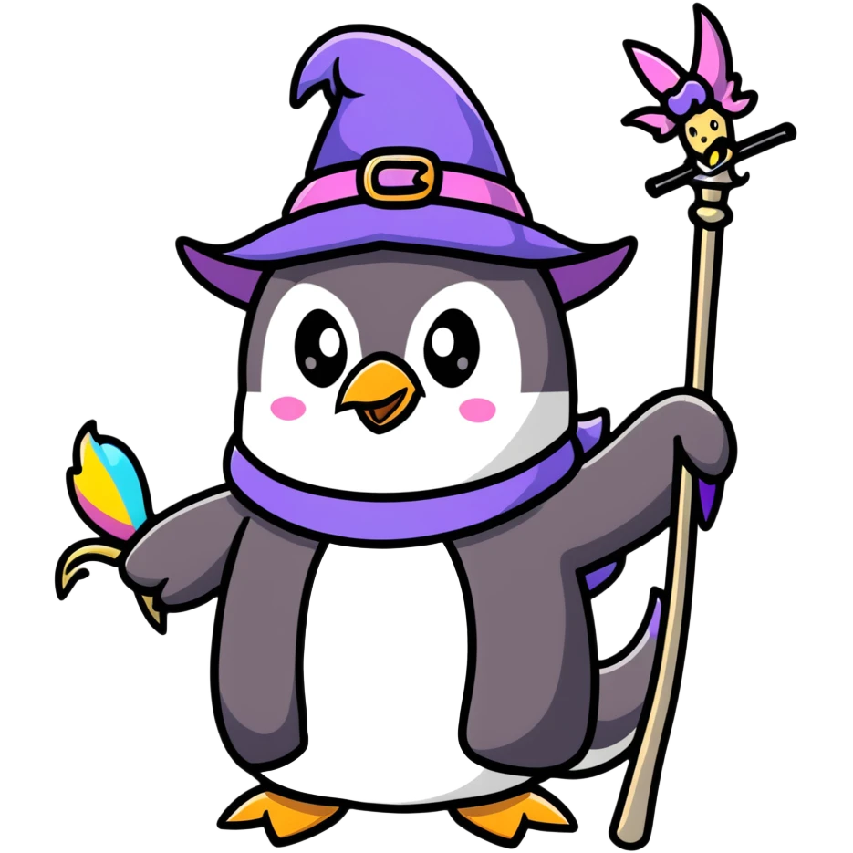 penguin wizard with a staff and hat, surrounded by a small dragon, fairy, and unicorn, colorful fantasy landscape emoji