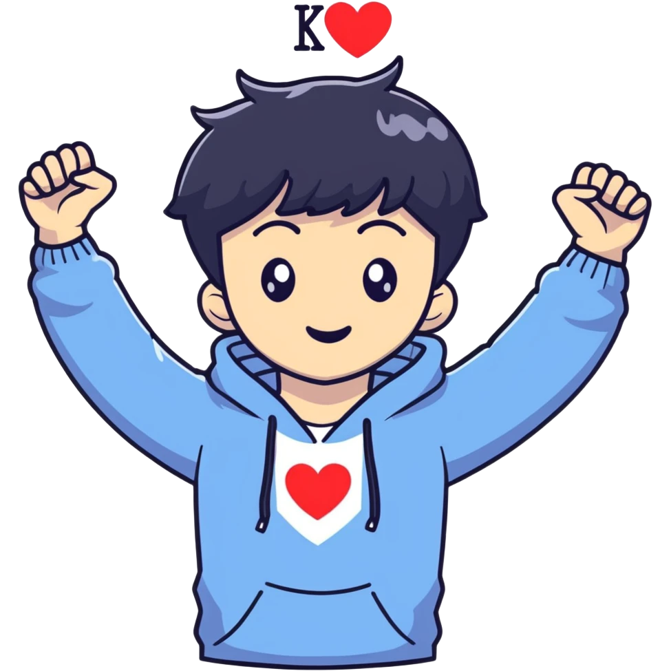 Black-haired male idol making a heart shape with his arms above his head, K-pop style emoji