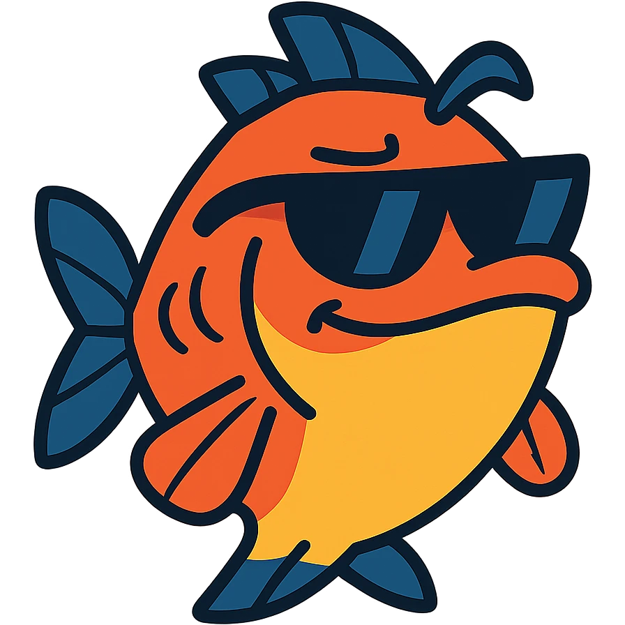 a fish raising one eyebrow and wearing sunglasses emoji