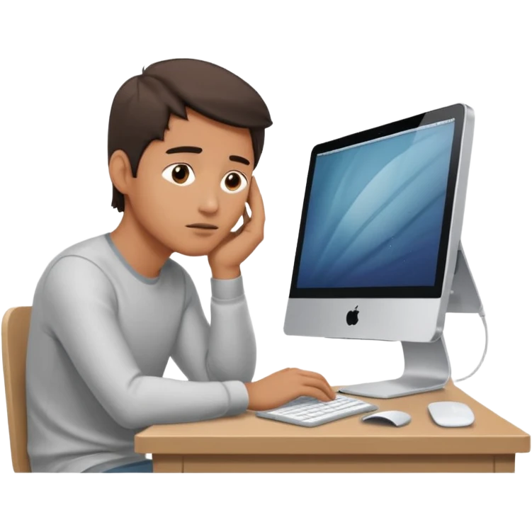 emoji of a man sitting at the table with an imac on it, a man is sitting in a very thoughtful pose, he has his hands on the table and his head resting on themб he look into the screen of imac emoji